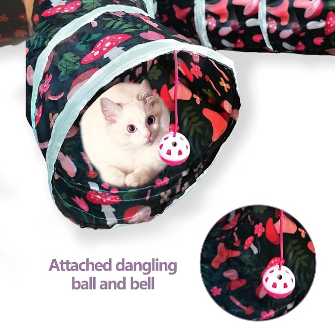 EGETOTA Cat Tunnel for Indoor Cats Large, with Play Ball S-Shape 5 Way Collapsible Interactive Peek Hole Pet Tube Toys, Puppy, Kitty, Kitten, Rabbit (S5 - Mushroom)