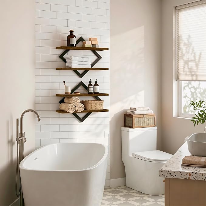 Floating Shelves for Wall, Set of 2 Wall Shelves, 2-Tier Hanging Shelve | Wood & Metal Wall Mounted Display Shelves, Decorative Wall Shelves for Living Room, Bedroom, Kitchen & Bathroom, Rustic Brown