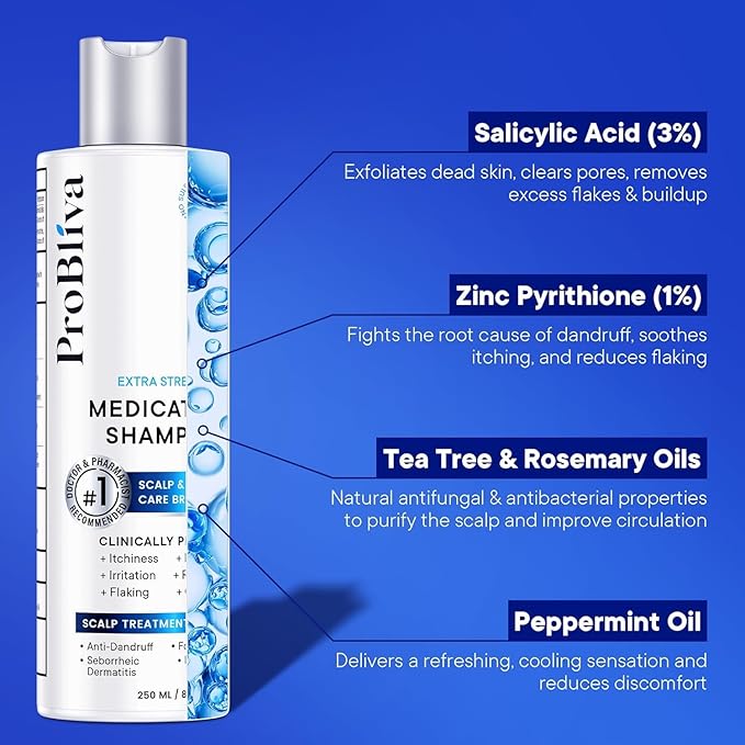 ProBliva Medicated Anti-Fungal Shampoo: Extra Strength Antifungal Hair Treatment for Dandruff, Folliculitis, Psoriasis, Seborrheic Dermatitis - Relieves Itchy & Dry Scalp - 8.4 fl oz