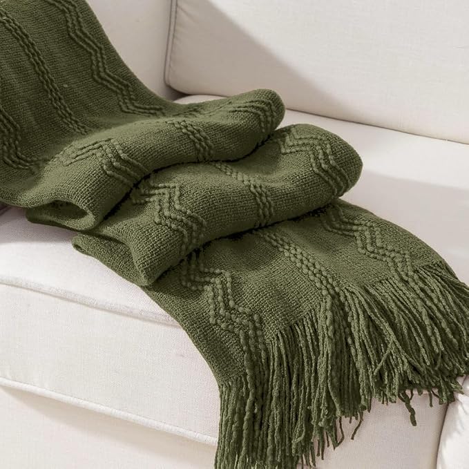 BATTILO HOME Olive Green Throw Blanket for Couch, 50"x60" | Dark Green Blanket with Tassels for Home Decor, Decorative Knitted Throw Blanket for Couch Cover