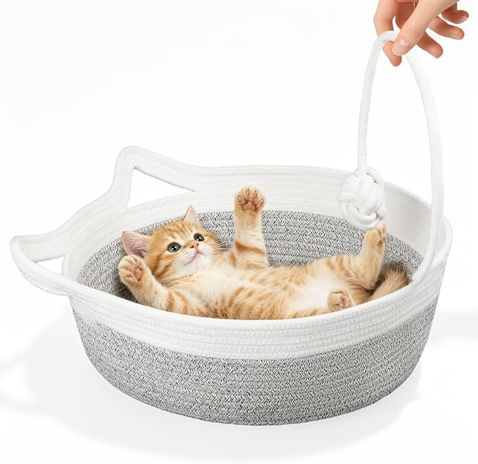 Cotton Rope Woven Cat Bed, Instinct Pet Basket with a Play Ball, Large | Foldable Cat Scratcher Basket for Indoor Cats, Puppies, Rabbits and Small Pets, White & Light Gray