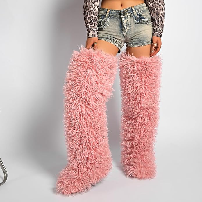 SWEETHEART BEAUTY Thigh High Shagy Teddy Fur Boots, 29 Inch Over the Knee Length Fluffy High Boots, Tall Furry Shoes For Women