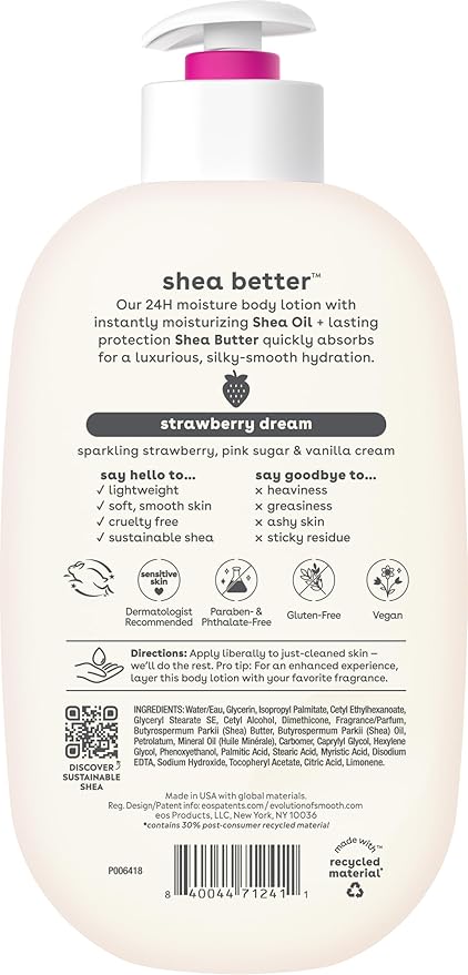 eos Shea Better Body Lotion Strawberry Dream, 24-Hour Moisture Skin Care, Lightweight & Non-Greasy, Natural Shea, Vegan, Strawberry Body Lotion, 16 fl oz