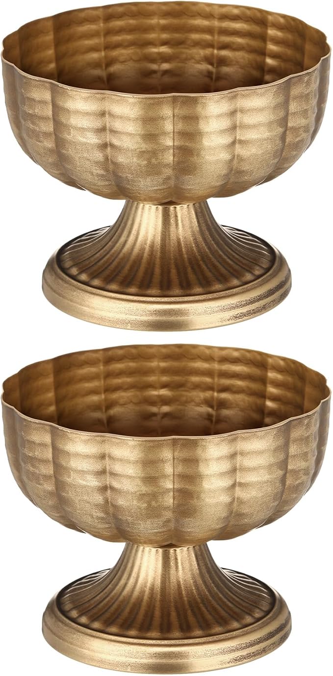 2 Pcs Vintage Gold Compote Vase, 8" Wide Pedestal | Retro Pedestal Bowl for Wedding Centerpieces, Antique Urn Planter Style, Anniversary Parties, Indoor Outdoor Summer Events