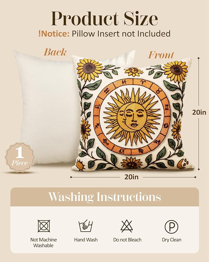 Embroidered Throw Pillow Cover 20x20 Inch, Sunflower Moon | Decorative Pillow Cover, Farmhouse Boho Cushion Case with Hidden Zipper, Autumn Decor for Couch, Sofa, Living Room, Bedroom