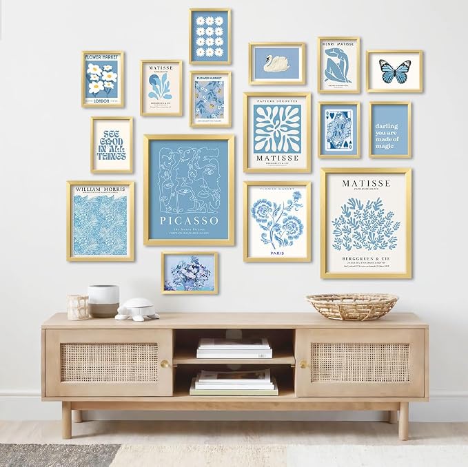 16 PCS Framed Blue Wall Art Decor, Matisse Wall Prints for Bedroom, Gallery Wall Frame Set, Minimalist Posters for Living Room Aesthetic, Collage Kit, Teen Girls Dorm Home Artwork