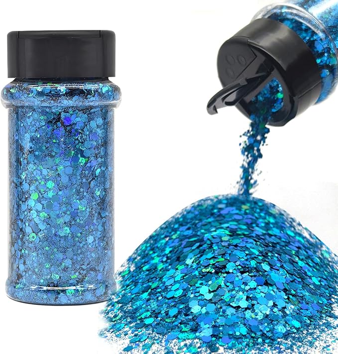 Sky Blue - Craft Glitter - 2oz Glitter Shaker Bright Colorful Holographic Mix Chunky Body Glitter Bulk Wholesale 24 Colors in Shaker Cosmetic Glitter - EBLB700