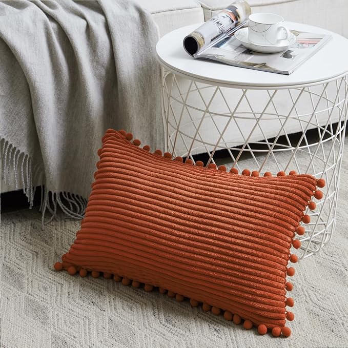 Fancy Homi 2 Pack Burnt Orange Lumbar Decorative Throw Pillow Covers 12x20 Inch with Pom-poms for Couch Bedroom Sofa, Soft Corduroy Rectangle Cushion Case 30x50 cm, Farmhouse Boho Fall Home Decor
