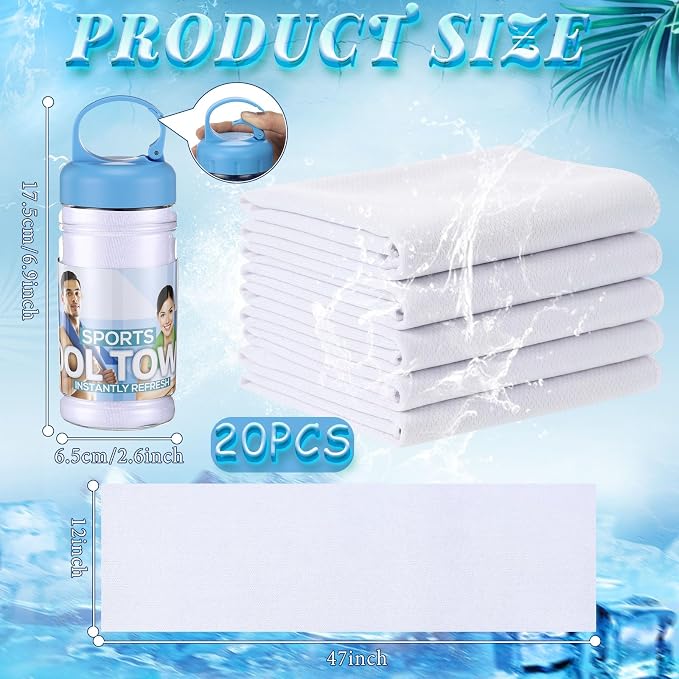 Honoson 20 Pcs Cooling Towels for Neck and Face, 47"x12" Sports Breathable Ice Towels Microfiber Chilly Sweat Rags with Portable Bottle for Gym Golf Athletes Yoga Workout Hot Weather (White)