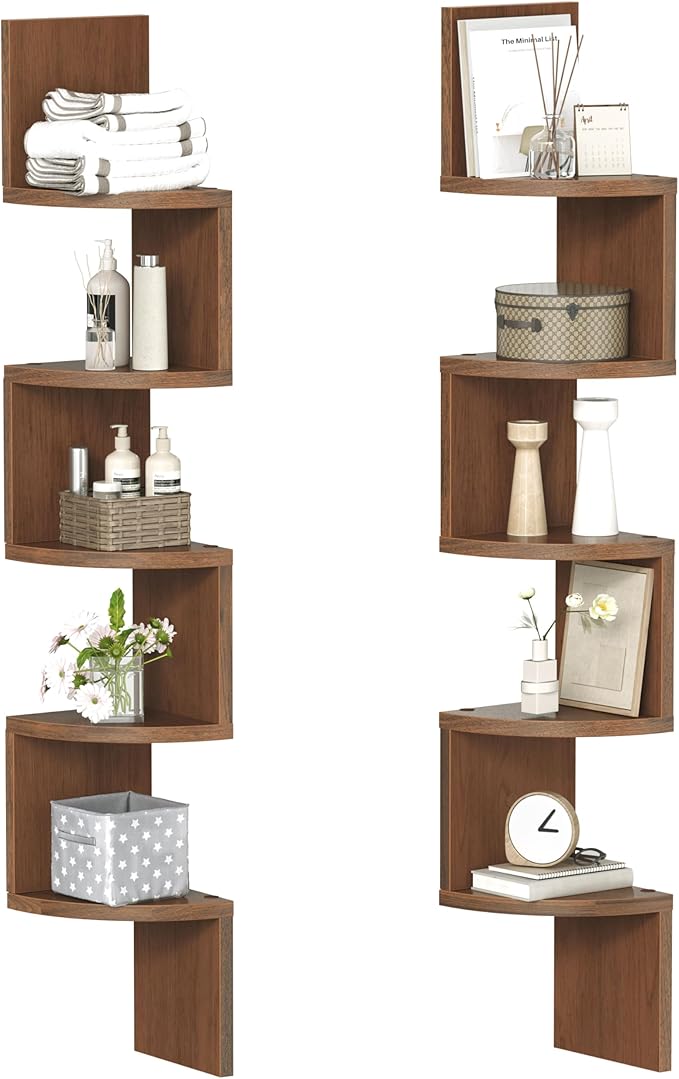 HOOBRO Corner Shelf Wall-Mounted, Set of 2 Floating Corner Shelves for Wall, 5-Tier Corner Bookshelves for Living Room, Bedroom, Bathroom, Home Office, Walnut WL26BJP201
