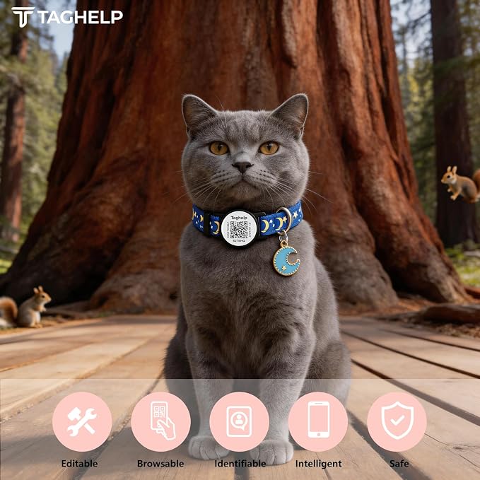 2 Pack Airtag Cat Collar, Breakaway Cat Airtag with Smart ID tag & QR Code Reflective (Star Moon & Paw Pattern - Blue, Collar Only)