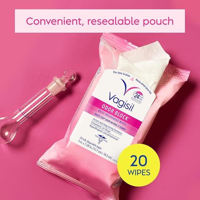 Vagisil Odor Block Daily Freshening Wipes for Feminine Hygiene in Resealable Pouch, Gynecologist Tested & Hypoallergenic, 20 Wipes (Pack of 3)