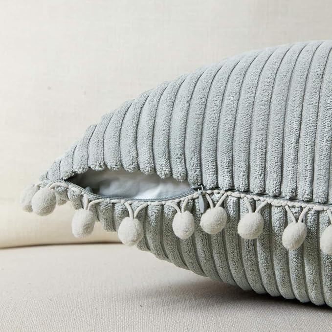 Fancy Homi Pack of 2 Boho Grey Lumbar Decorative Throw Pillow Covers with Pom-poms, Soft Corduroy Solid Rectangle Cushion Cases Set for Couch Sofa Bedroom Car Living Room (12x20 Inch/30x50 cm, Gray)