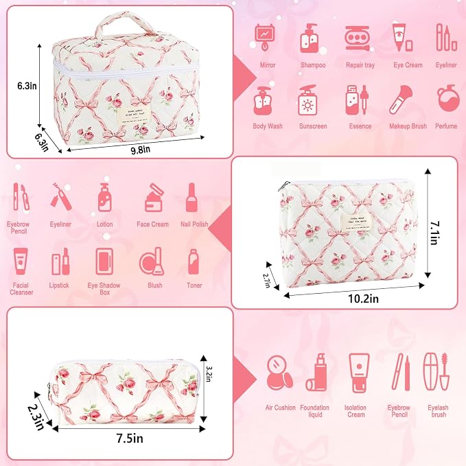 URSKYTOUS 3Pcs Makeup Bag Quilted Cosmetic Bag Set Bow Travel Large Makeup Pouch for Women Cute Portable Cotton Toiletry Bag Skincare Organizer Coquette Vintage Travel Essential