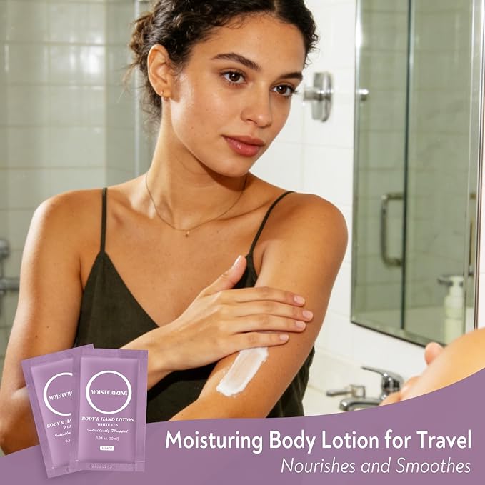 Travel Body Lotion, Individually Wrapped Hand Cream Lotion Bulk, Nourishing Extra Dry Skin Mini Small Packet Size Shower Moisturizer Lotion Toiletries for Travel, Hotel Homeless 0.34 oz (Pack of 100)