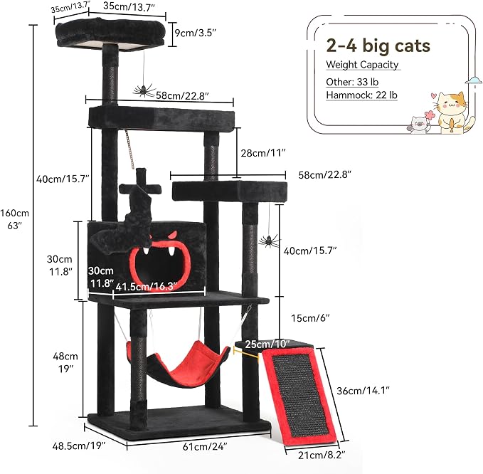YITAHOME Gothic Cat Tree with Coffin Bed, 63" Tall Cat Tower for Indoor Cats with Top Perch, Spacious Cat Condos, Spider Hanging Balls,Comfy Hammock, Scratching Post and Ladder, Black Halloween | Cat Tower with Top Perch, Spacious Cat Condos, Spider Ha...