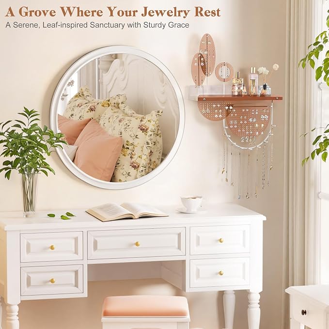 Keebofly Wall Mounted Hanging Jewelry Organizer Honey Brown | Acrylic Earring Organizer for 444+ Earrings, for Necklace & Bracelet, with Wood Shelf, Ideal Gifts for Women & Girls