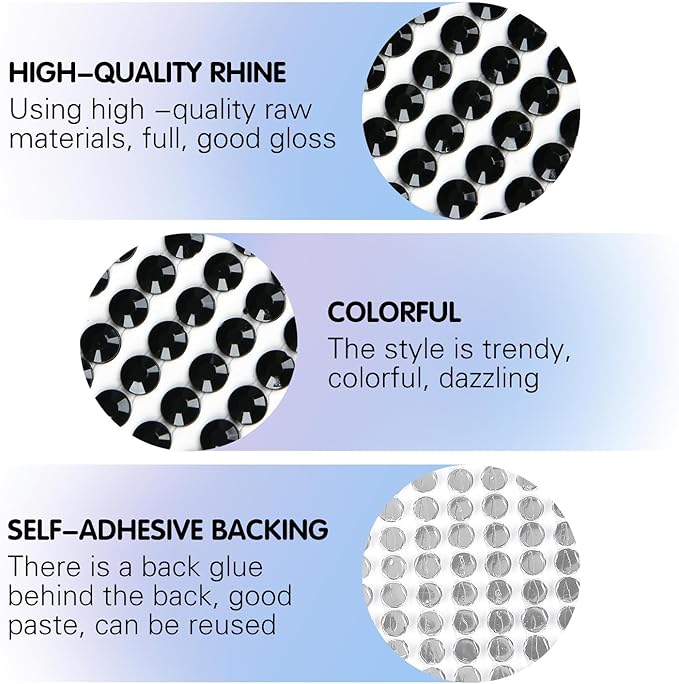 8 Sheets Rhinestone Stickers，3584 Pcs Gem Stickers for DIY Face Eyes Makeup Hair（Black-3/4/5/6mm）