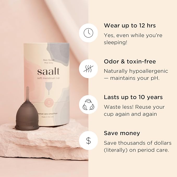Saalt Soft Menstrual Cup – Reusable Period Cup – Made for Comfortable, Leak-Free Protection Up to 12 Hours – BPA & Latex Free – Includes Cup & Carry Bag (Small, Grey)