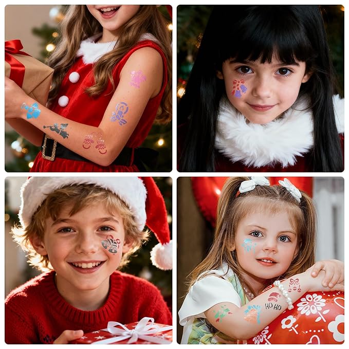 8 Metallic Temporary Tattoo Markers for Kids Adults, 155+ Christmas Santa Snowman Tattoo Stencils, Girl Boy Women Face Body Paint Cosmetic Tattoos Pens for Skin DIY Xmas Stocking Stuffers Party Favor