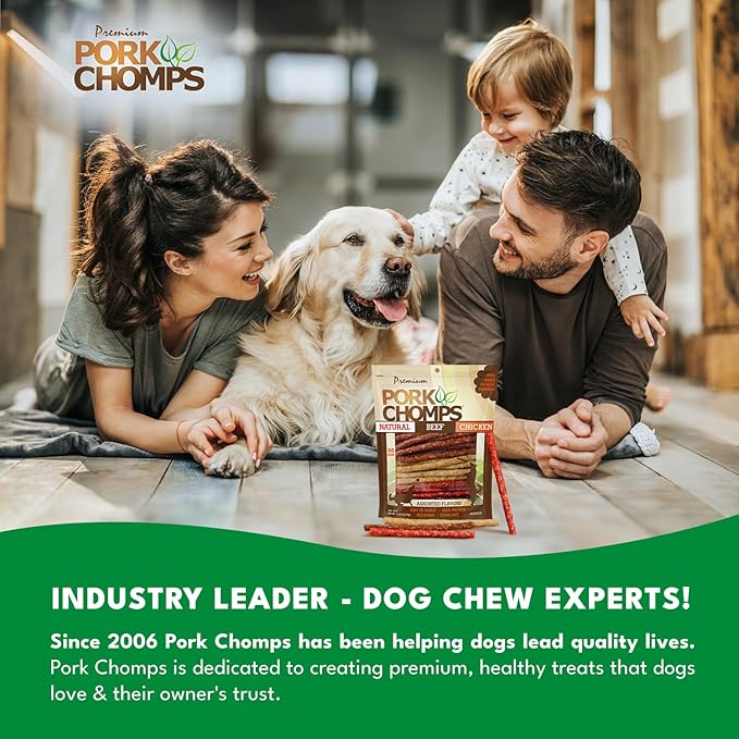 Pork Chomps Dog Chews, 5 in Munchy Sticks, Assorted Flavors, 50 Count | Oven-baked from real pork skin - a rawhide-free chew that's low in fat, high in protein, and easy to digest