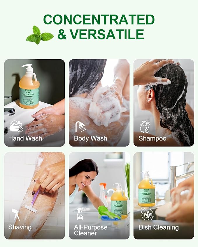 Yoken Peppermint Castile Soap Liquid 64 OZ, EWG Verified Made with Certified Organic Oils, Gentle Peppermint Soap for Body Wash, Face, Hands, Dishes, Laundry & More, Vegan Organic Versatile Cleanser