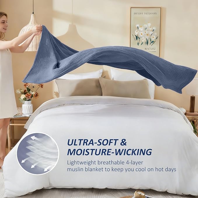 EMME Cotton Muslin Twin XL Blanket Breathable Gauze Soft Lightweight Adults Gifts for Women (Heather Navy, 66"x90")
