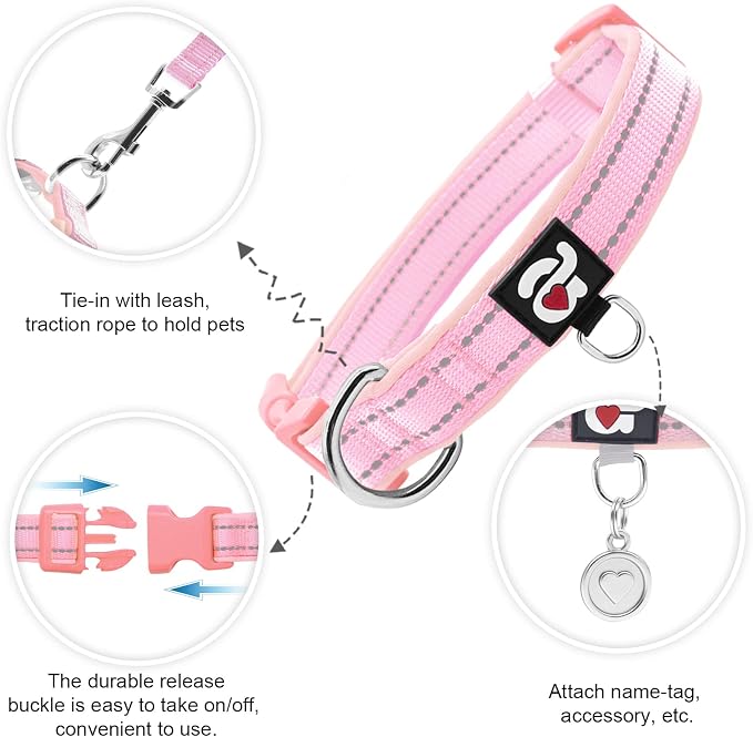 azuza Reflective Dog Collar, Neoprene Padded Small Dog Collar, Pink, S