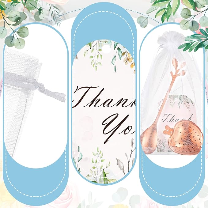 25 Sets Bridal Shower Tea Party Favor for Guest Leaf Tea Spoon Heart Shape Infuser Ball for Loose with Thank You Card Organza Bag Wedding Souvenir Gift(Rose Gold)