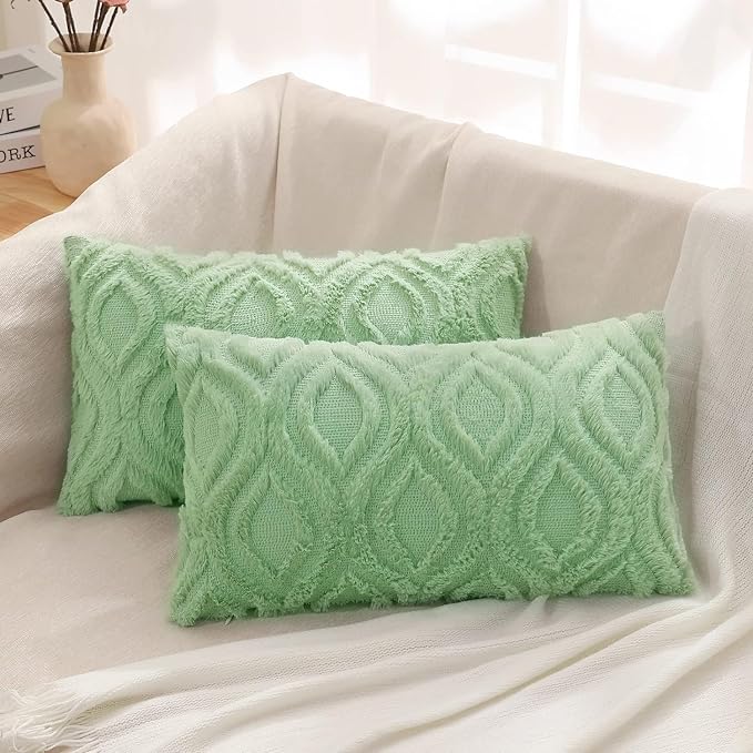 decorUhome Faux Fur Light Sage Green Throw Pillow Covers 12x20 Set of 2 | Plush Solid Fall Couch Pillow Covers, Accent Modern Farmhouse Neutral Decorative Soft Pillow Cases for Sofa Bed Living Room