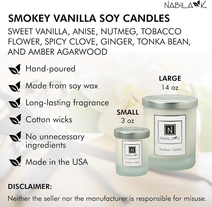 Nabila K – Smokey Vanilla - Soy-Based Candle – Anise, Nutmeg, Spicy Clove, Ginger, Sweet Vanilla, Amber - Hand-Poured - Cotton Wick - Aromatherapy Candle w/Essential Oils - Made in USA - 3 oz