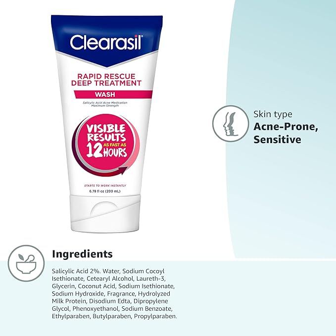 Clearasil Rapid Rescue Deep Treatment Acne FaceWash, Maximum Strength with 2% Salicylic Acid Acne Medication, AcneFacial Cleanser, 6.78 fl oz (Pack of 3)