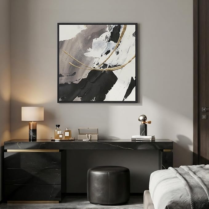 Framed Modern Black and White Abstract Wall Art, Square Contemporary Canvas Prints Artwork for Walls, Minimalist Gold Line Pictures for Bedroom Dining Room Lounge Living Room Office Wall Decor 24x24 In
