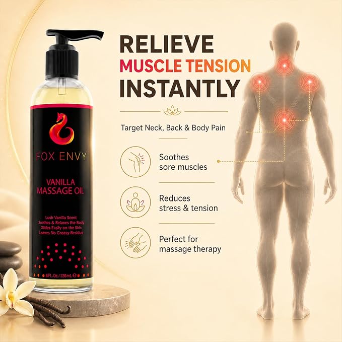 Body Massage Oil: Massage Oil for Massage Therapy, Premium Massaging Oil-Lush Vanilla Scent with Jojoba & Coconut, Therapeutic Oil 1Bottle, 8 fl oz