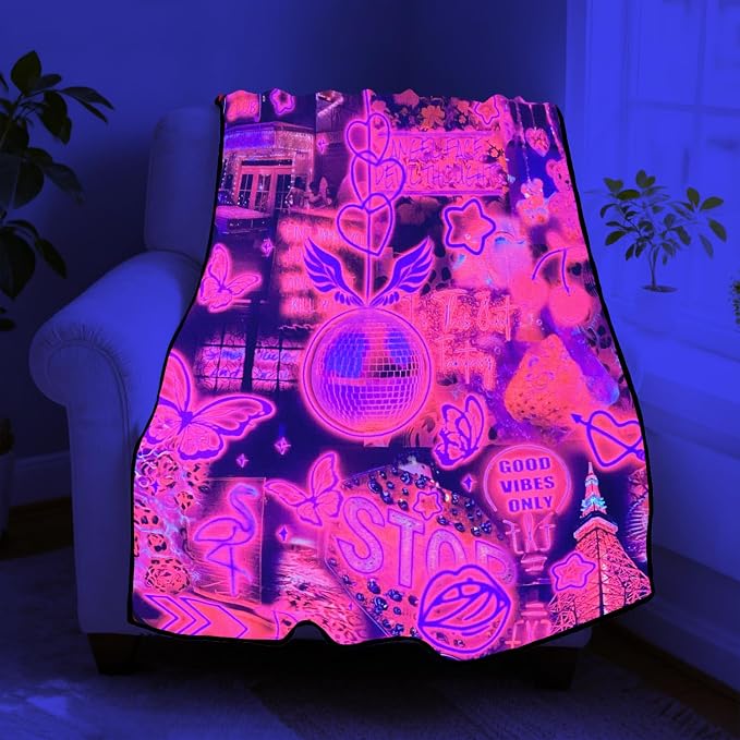 Blacklight Pink Collage Throw Blankets UV Reactive Aesthetic Throw Blanket Glow in the Dark Under Black Lights Game Room Decor Soft Throw Gifts 59x51 Inches