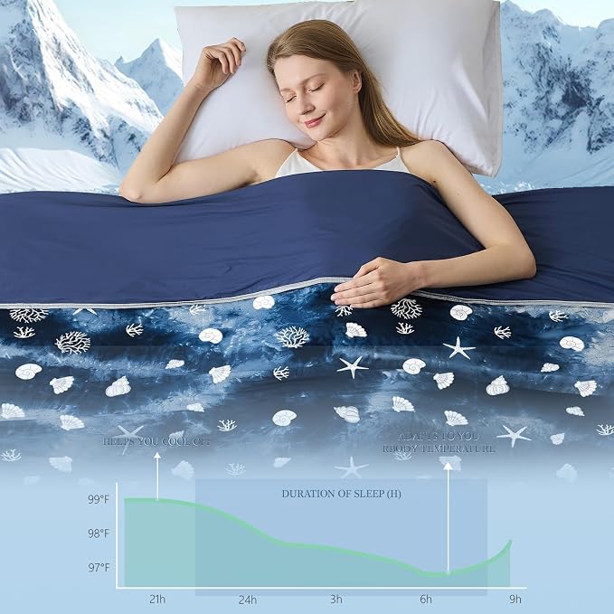 Cooling Blanket Queen Size (90"x90"), Double Sided Ice Cold Blanket for Hot Sleepers, Transfer Heat to Keep Cool, Soft Lightweight for Night Sweats, Bed & Couch, Ocean Design
