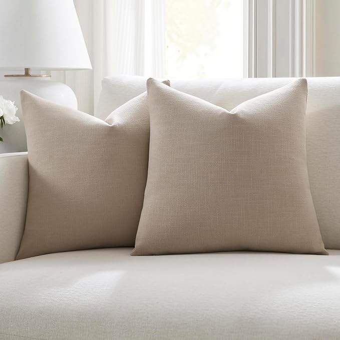 Meekio Set of 2 Natural Beige Throw Pillow Covers 18x18, Modern Farmhouse Linen Blend Decorative Pillow Covers for Couch Sofa Bed, Neutral Home Decor
