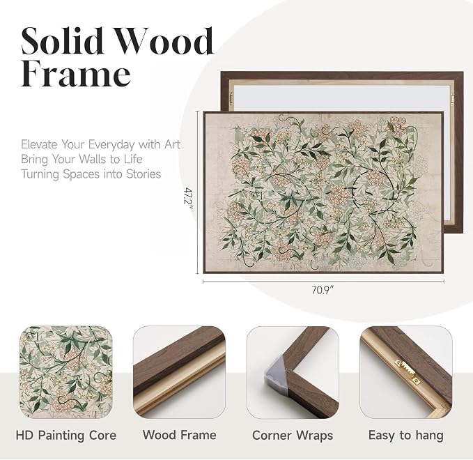 Extra Large Framed William Morris Wall Art for Living Room, Oversized Neutral Sage Green Vintage Canvas Artwork for Walls, Botanical Painting Print for Dining Room Bedroom Hallway Wall Decor, 72x48 In