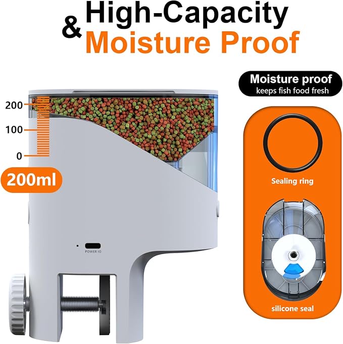 WiFi Automatic Fish Feeder with 2.5K Camera, 2.4/5G Smart App Control, Vacation Feeding Timer, Remote Precision Flake Fish Dispenser, 200ml Moisture-Proof Aquarium Feeder for 10+ Gallon Tanks