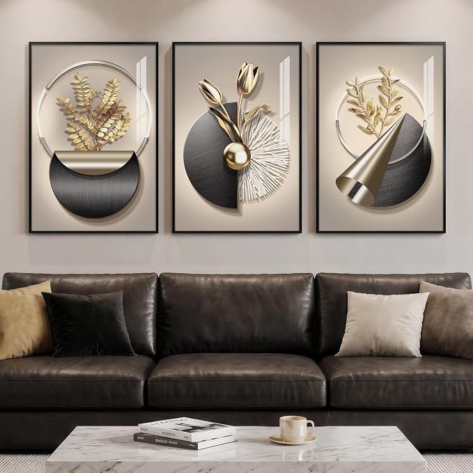 Framed Modern Elegant Luxury Gold Wall Art, 3 Piece 20x30 In | Abstract Geometric, Gold floral, Crystal coating, Wall art for living room, bedroom, dining room