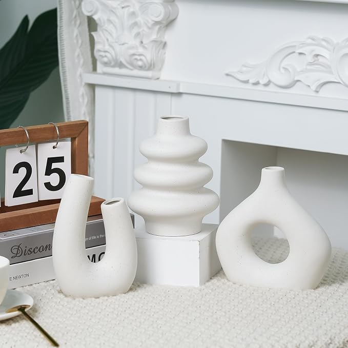 CUCUMI Ceramic Flower Vase Set of 5 Modern Boho Style Decorative Vases | Farmhouse Vases Home Decor, Matte Ceramic Decorations for Living Room, Bookshelf Mantle Entryway Table or Console Décor
