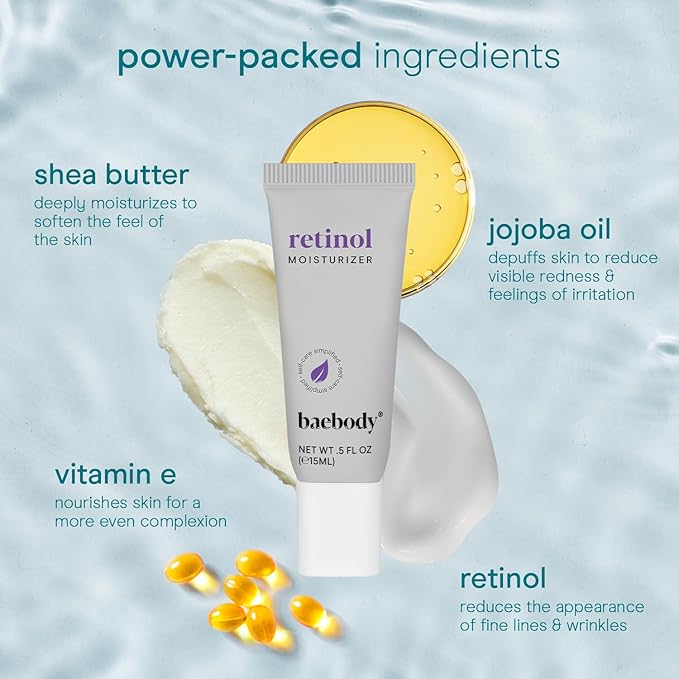 Baebody Made in USA Retinol Cream for Face - Anti Aging Face Cream for Fine Lines and Wrinkles - With Jojoba Oil & Vitamin E - Beauty Gifts for Women, Travel Size (15 ml/0.5 fl oz)