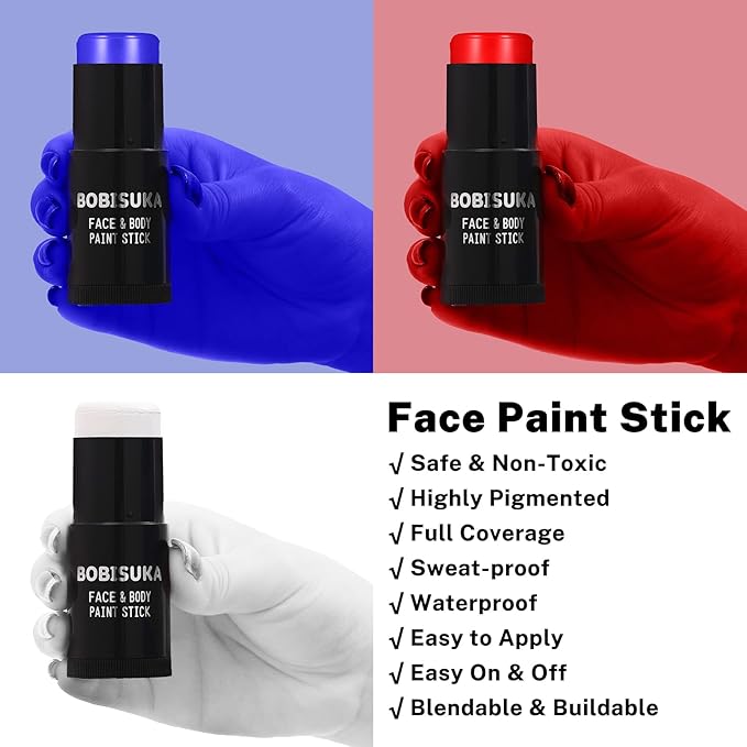 BOBISUKA Red White Blue Face Paint Stick Kit, Eye Black Sticks for Football Baseball Softball Lacrosse American-Flag, Body Paints Makeup Kit for Halloween Cosplay Special Effects Costume SFX