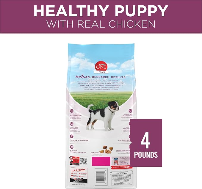 Purina ONE Plus Healthy Puppy Formula High Protein Natural Dry Puppy Food with Added Vitamins, Minerals and nutrients - (Pack of 4) 4 lb. Bags | High protein dog food for puppies, real chicken, DHA to support vision and brain development, antioxidants ...