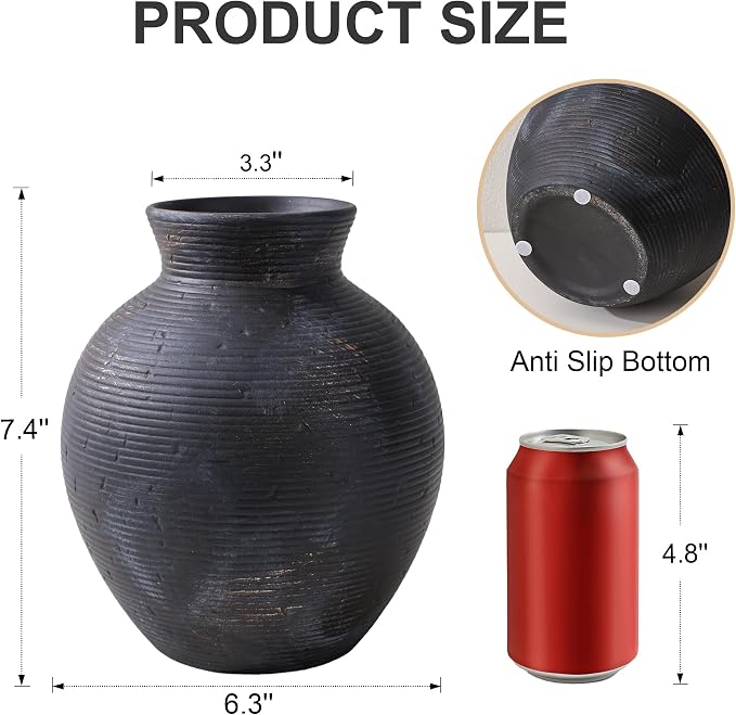 Ceramic Flower Vase Home Decor, 7.4 in Farmhouse Table Vase Retro Vintage Living Room Kitchen Bedroom Decoration Pottery Decorative Vases for Flowers House Shelf Office Desk Dining Entryway, BlackGold