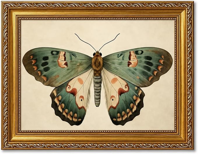 Vintage Butterfly Wall Art, Gold Framed Canvas Print, 9x11 in | Ornate gold frame, vintage butterfly print, ready to hang for bedroom, bathroom, shelf, or gallery wall