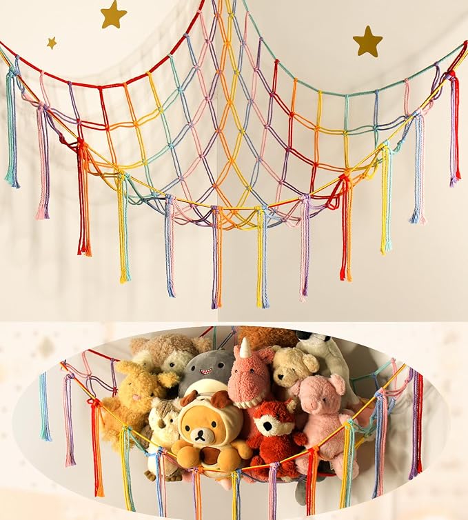 Stuffed Animal Hammock Corner Storage Net Cute Preppy Trendy Stuff Gifts for Teen Girls Baby Room Living Room House Wall Nursery Decor Rainbow Color Colorful Unicorn Hanging Organizers Organization