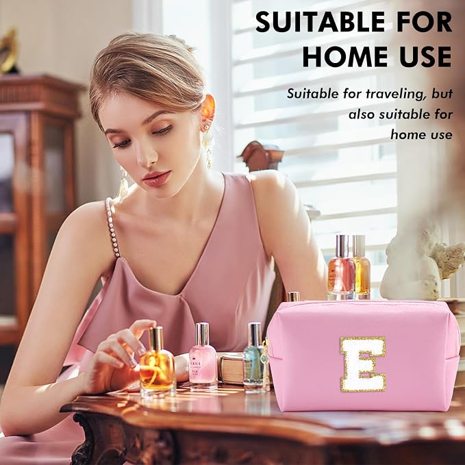 URSKYTOUS Initial Makeup Bag for Women Travel Small Cosmetic Bag Cute Pink Personalized Preppy Makeup Pouch for Purse Zippered Toiletry Organizer PU Leather Makeup Bag Makeup Case for Christmas（E）