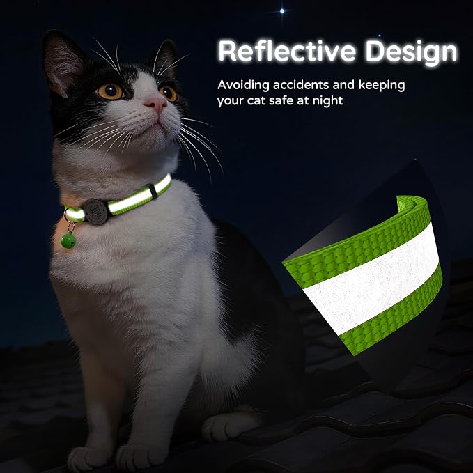 Breakaway Cat Collar QR Code, Reflective Bell, Adjustable Kitten, Green