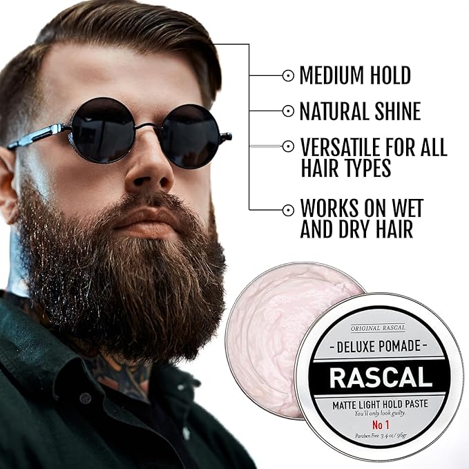Original Rascal Deluxe Pomade for Men #1 - Matte Hair Paste with Light Hold & Shine - Men's Styling Dry Care Solution Product for All Hair Types - Natural Infused with Beeswax & Grapeseed Oil - 3.4 oz